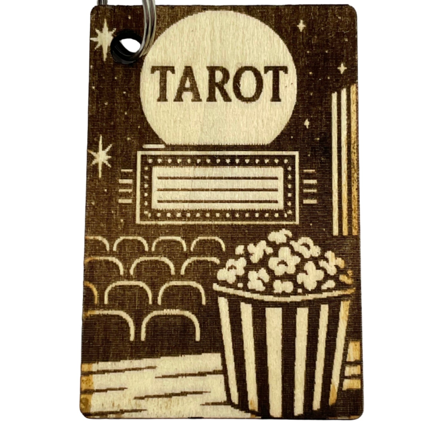 Wooden keychain with 'Tarot' engraving on a white background