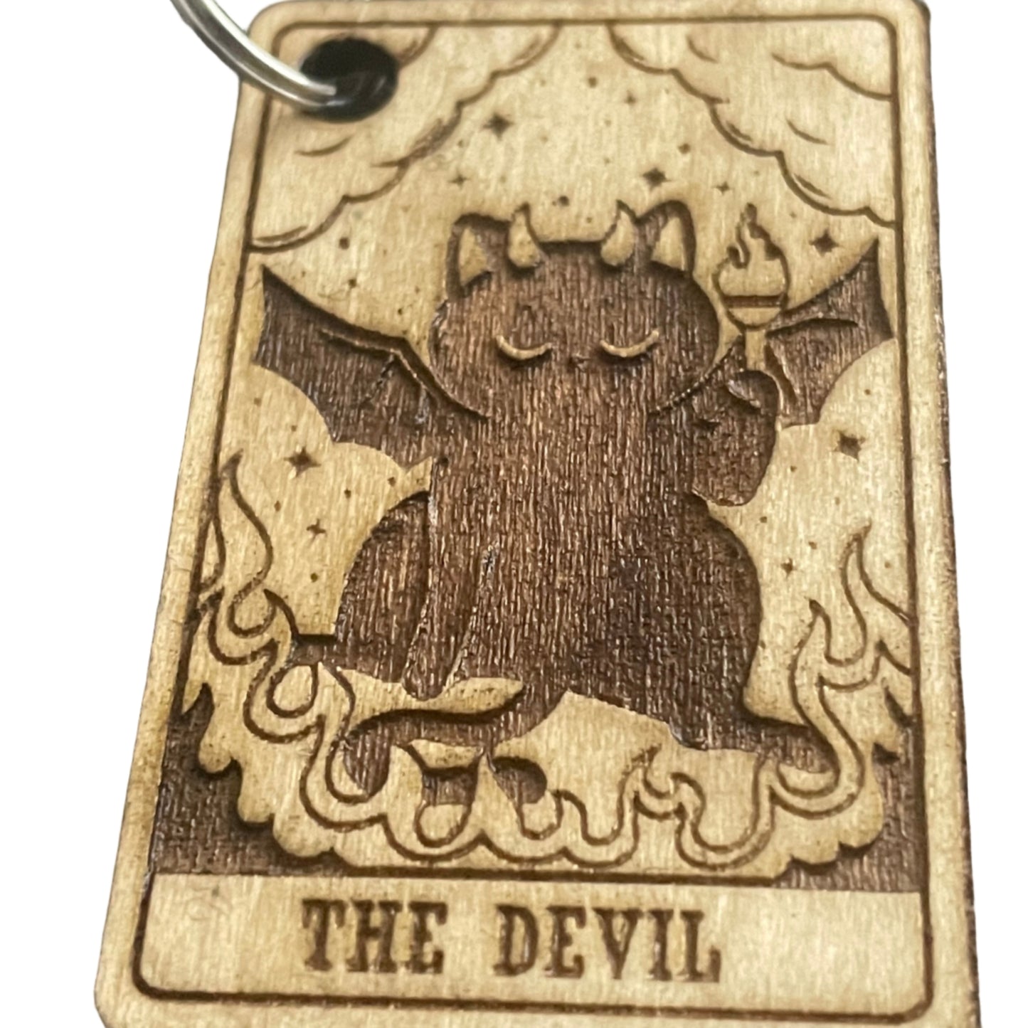 Handmade Wooden Tarot Keychain โ The Devil with Cat Boho Mystic Gift