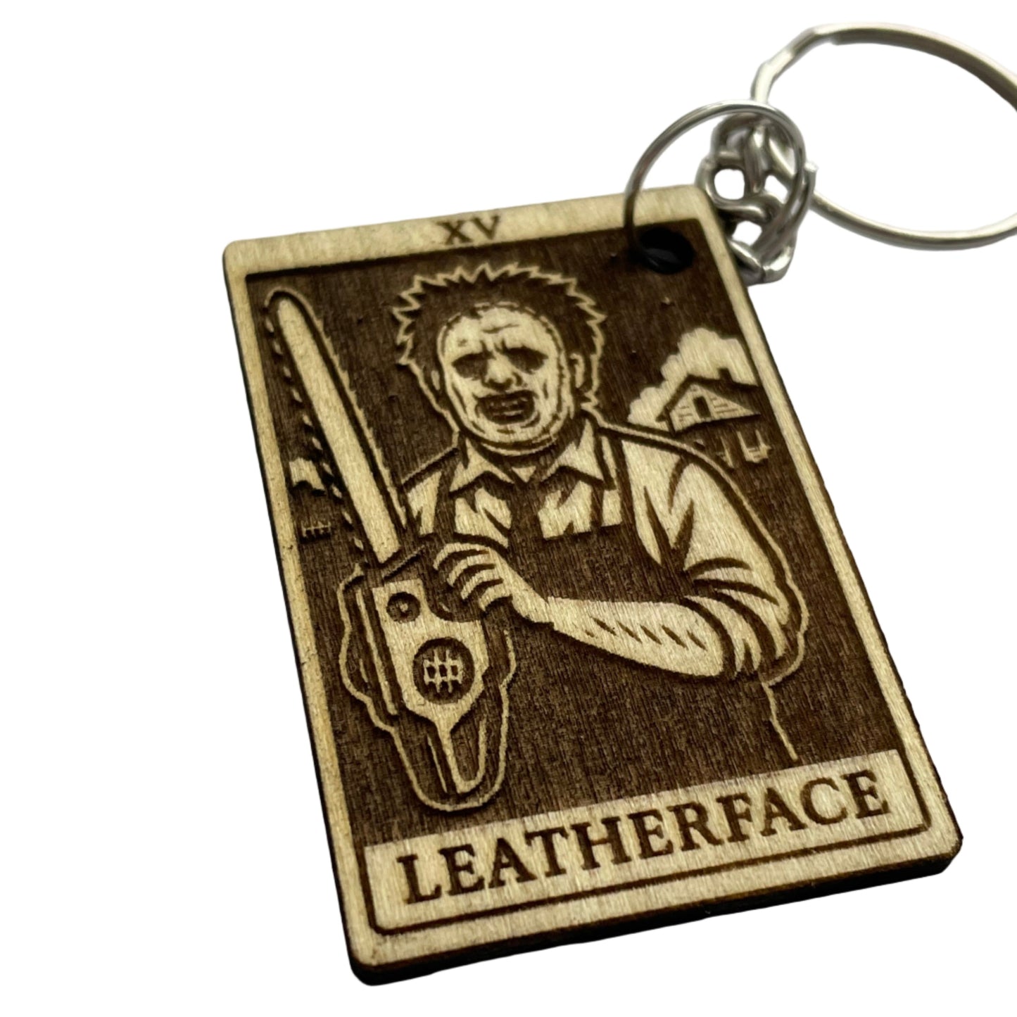 Keychain with 'Leatherface' design on a white background