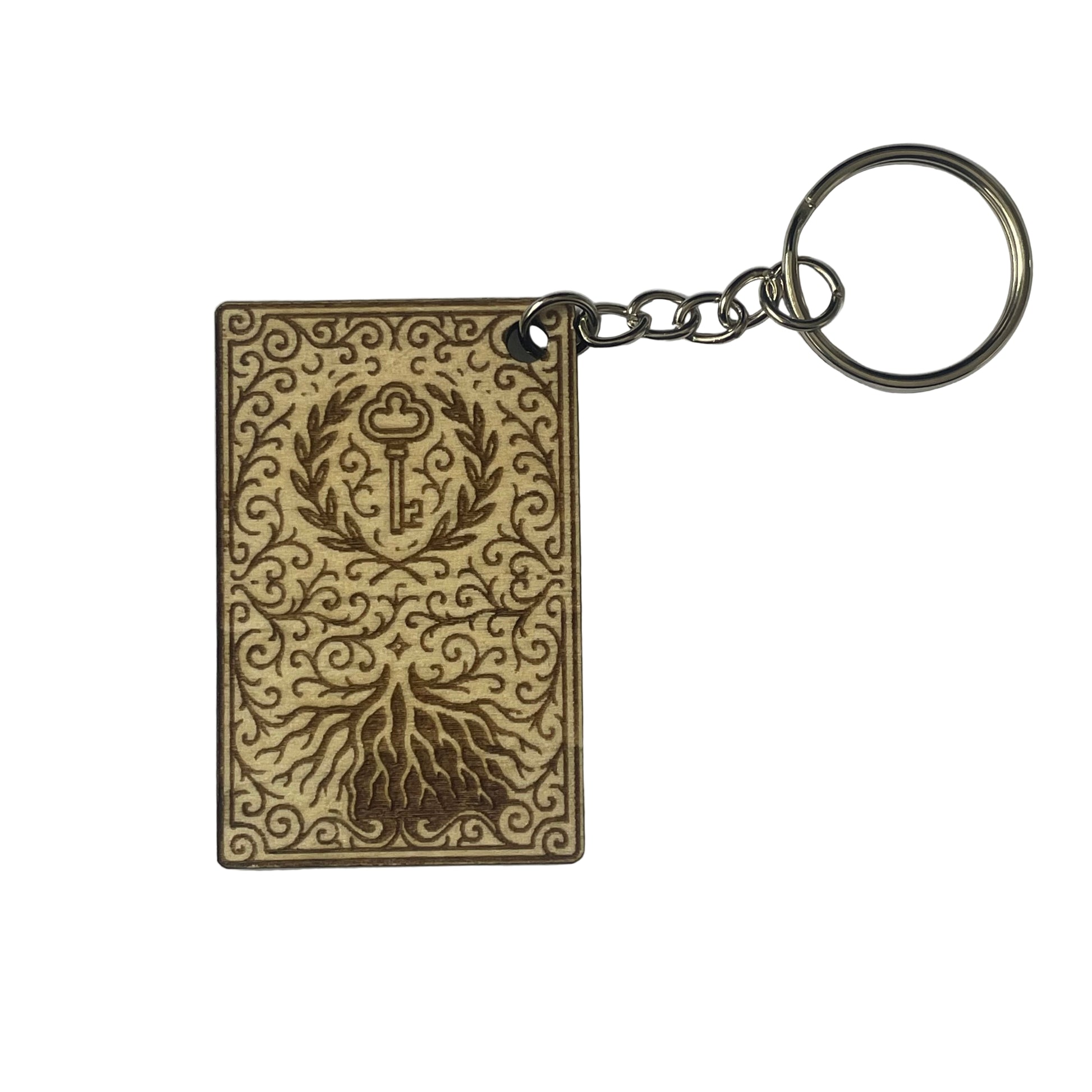 Keychain with decorative design on a plain background