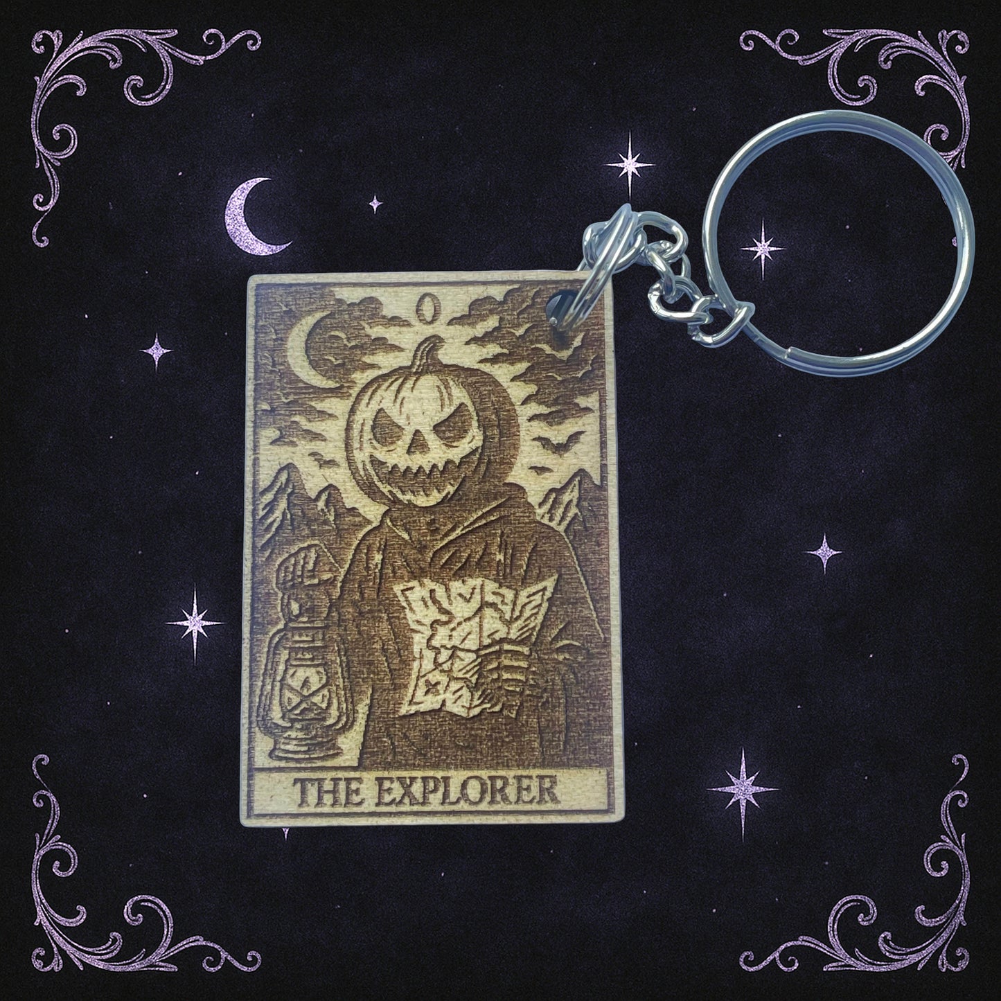 Handmade Pumpkin Head The Explorer Tarot Wooden Keyring