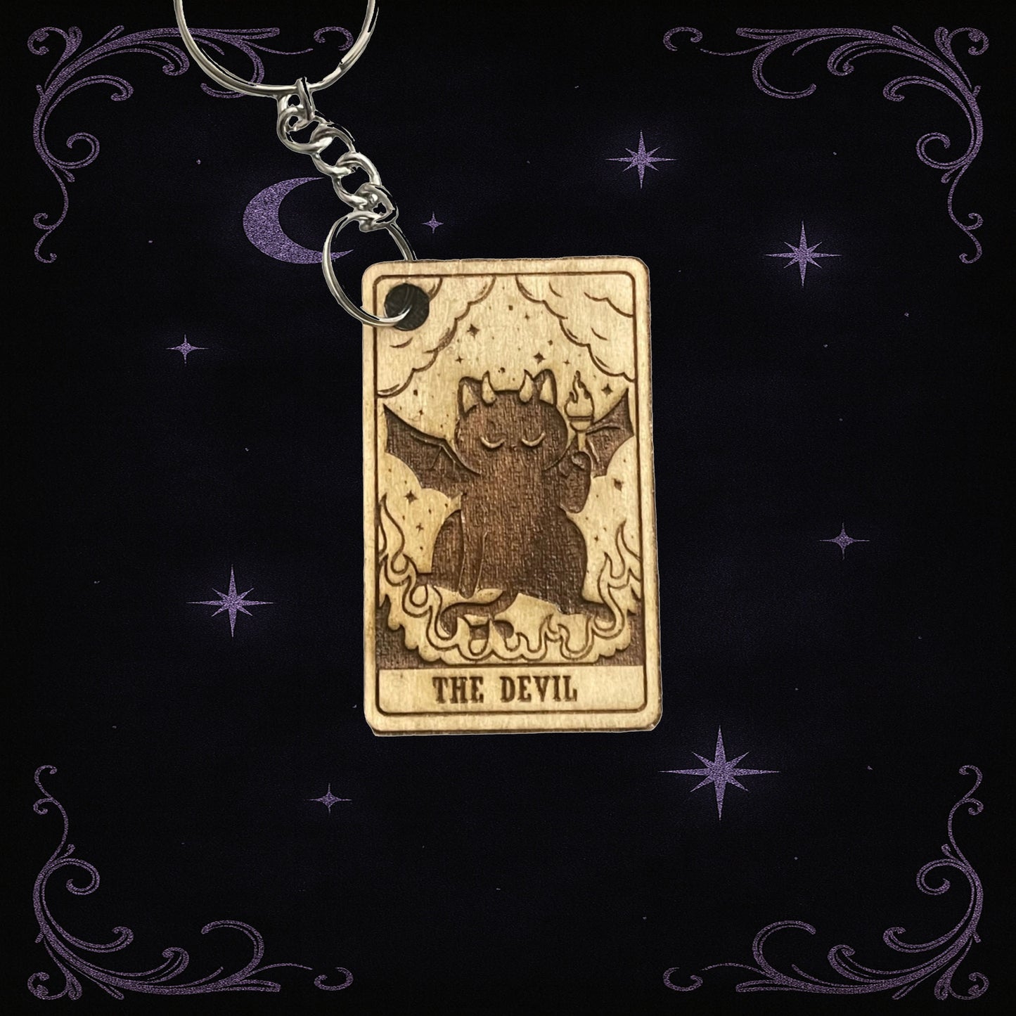 Handmade Wooden Tarot Keychain โ The Devil with Cat Boho Mystic Gift