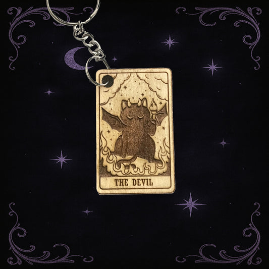 Handmade Wooden Tarot Keychain – The Devil with Cat Boho Mystic Gift