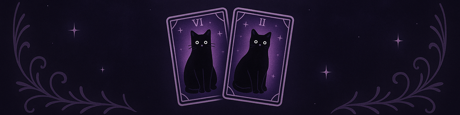 Title 'Everlasting Beans' with black cat illustrations in tarot cards on a dark purple background.