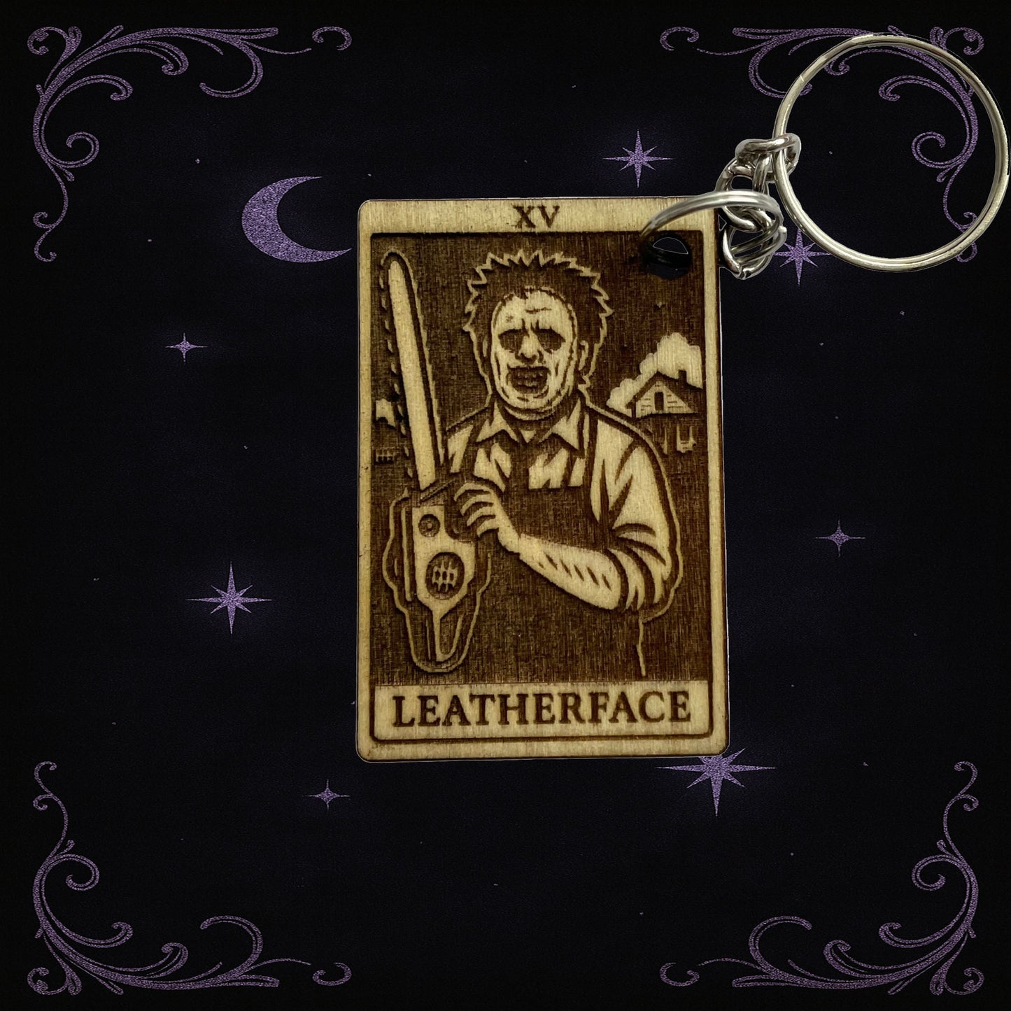 Handmade Leatherface Tarot Keychain – Wooden Horror Keyring, Gothic Slasher Movie Gift