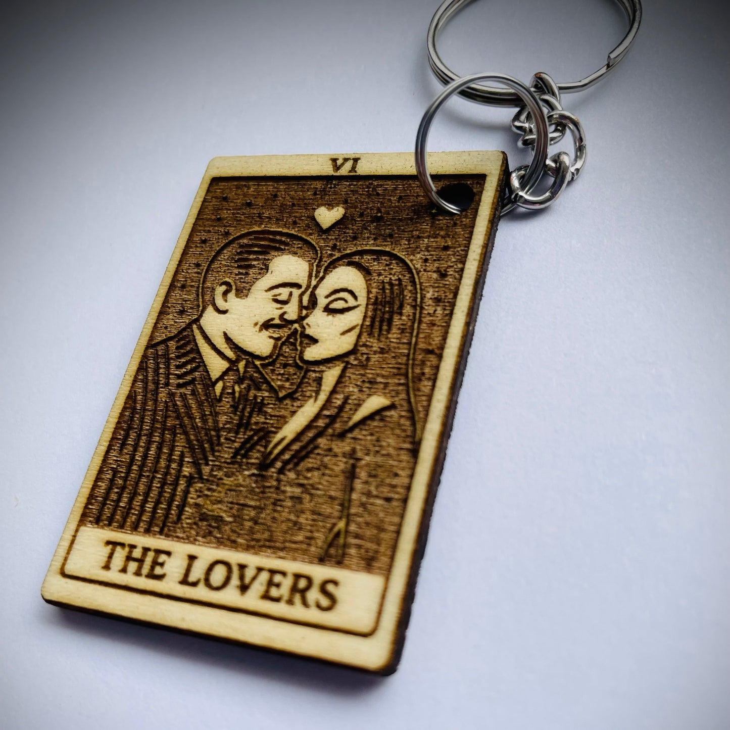 Keychain with 'The Lovers' tarot card design