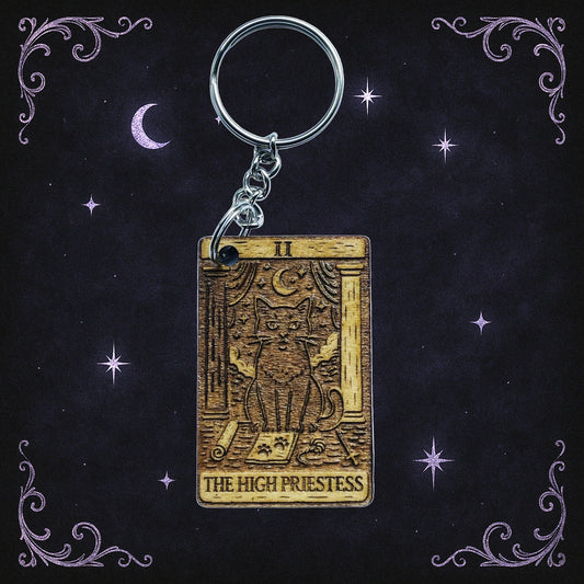 High Priestess Cat Tarot Card Keyring | Handmade Witchy Cat Keychain for Tarot Lovers