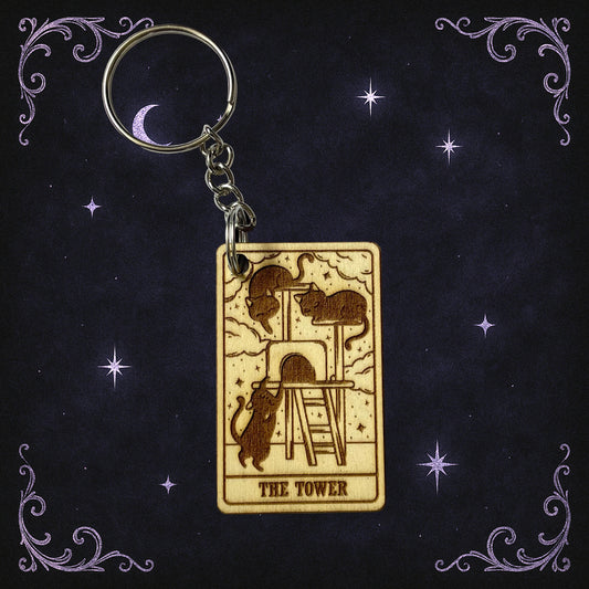 Handmade The Tower Cat Tarot Wooden Keyring
