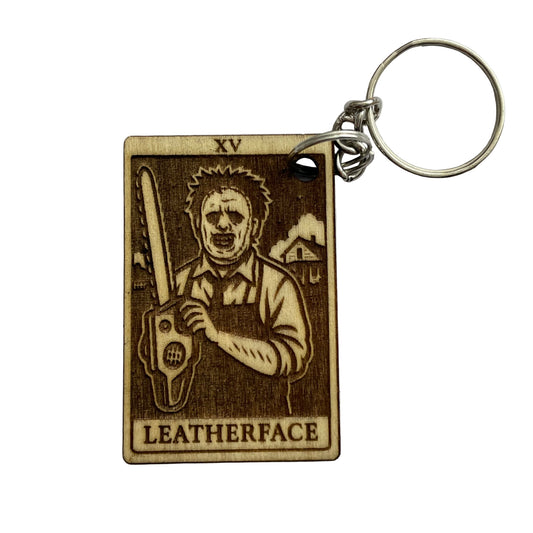 Handmade Leatherface Tarot Keychain – Wooden Horror Keyring, Gothic Slasher Movie Gift