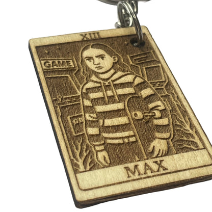 Bronze keychain with engraved design on a gray background