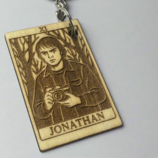 Wooden keychain with engraved portrait and Jonathan From stranger things