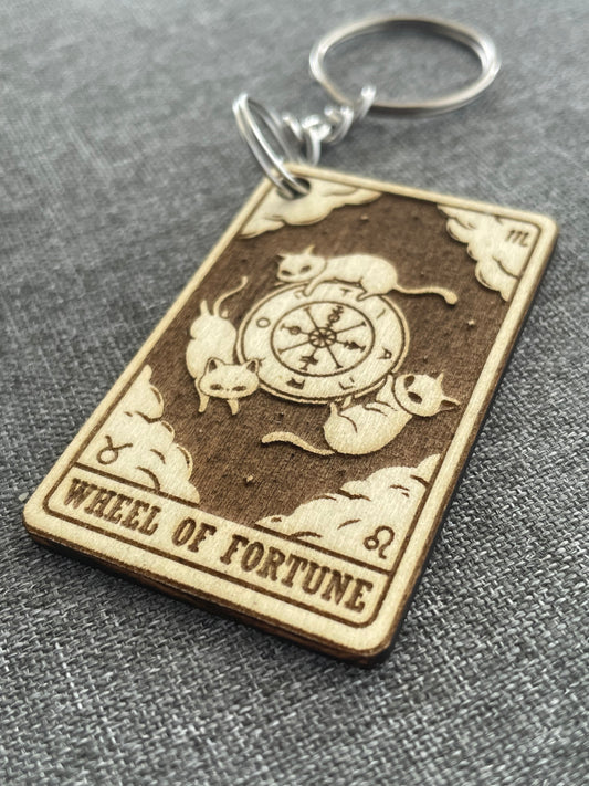 Tarot Cat Keychain – Wheel of Fortune Wooden Witchy Gift