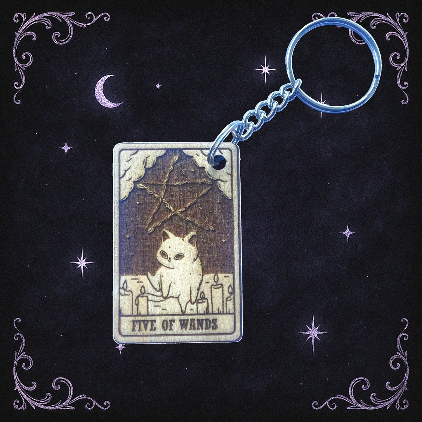 Handmade Five of Wands Cat Tarot Wooden Keyring