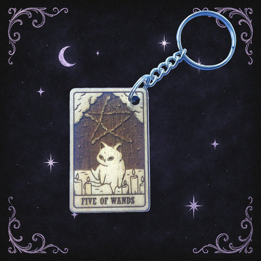 Handmade Five of Wands Cat Tarot Wooden Keyring