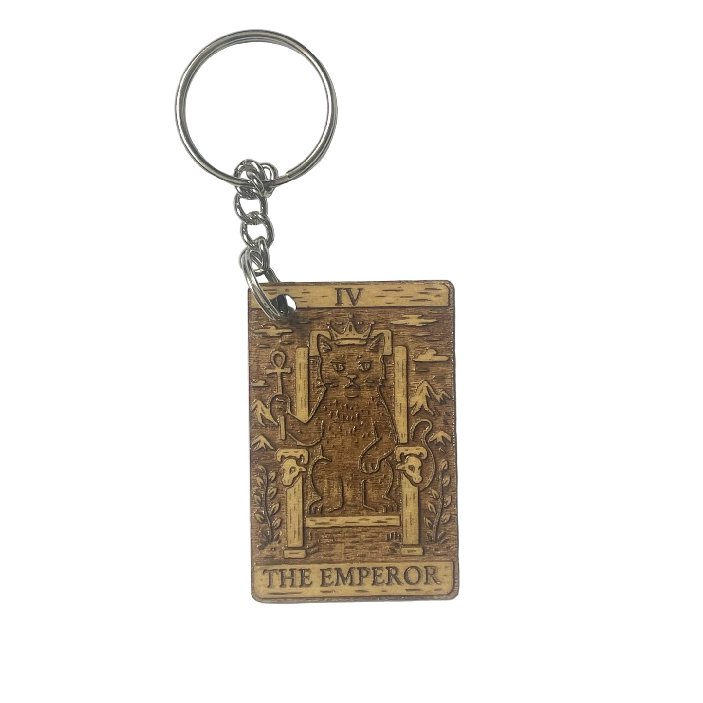 Keychain with 'The Emperor' tarot card design on a white background