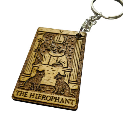 Keychain with 'The Hierophant' tarot card design on a white background