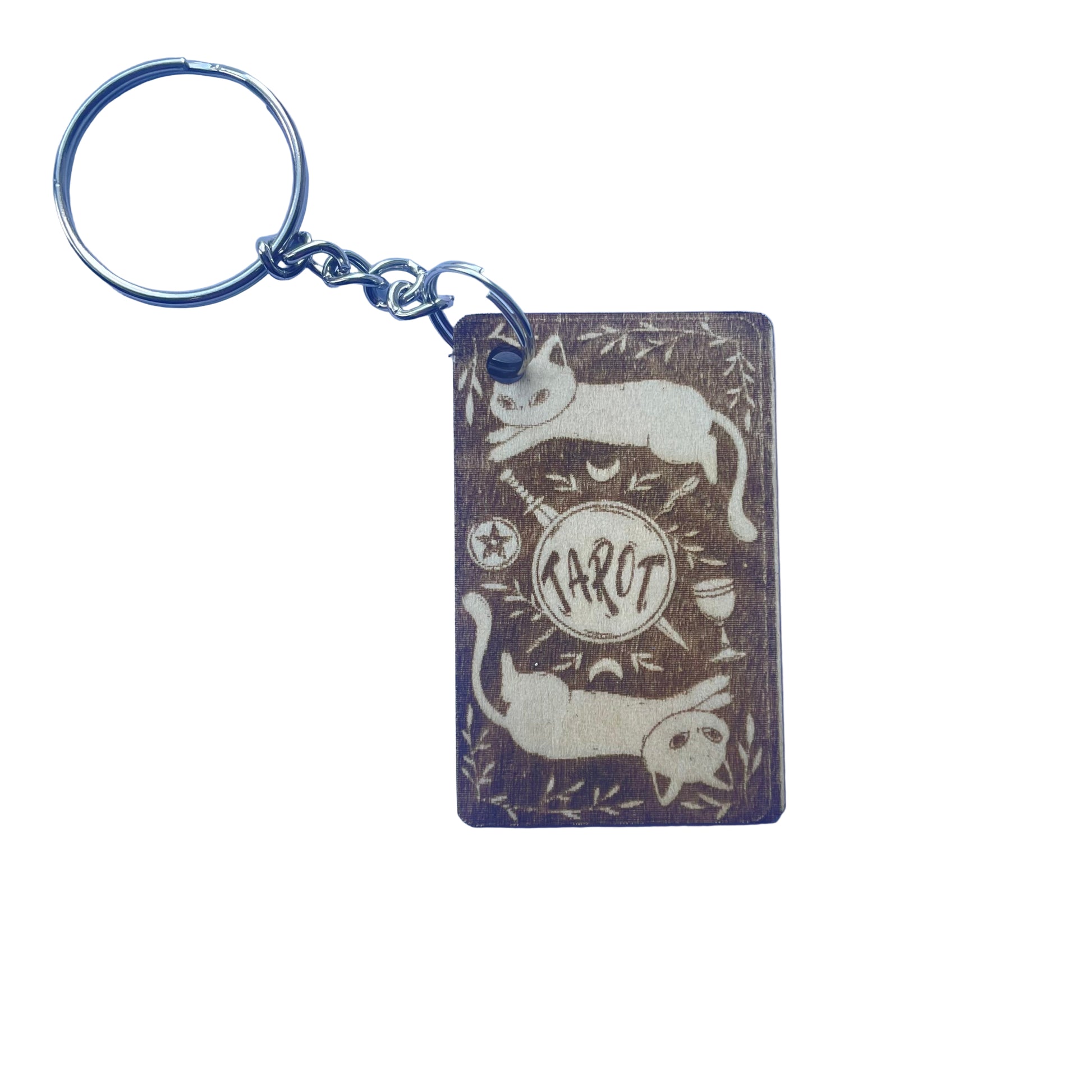 Keychain with tarot card design featuring cats on a blue background