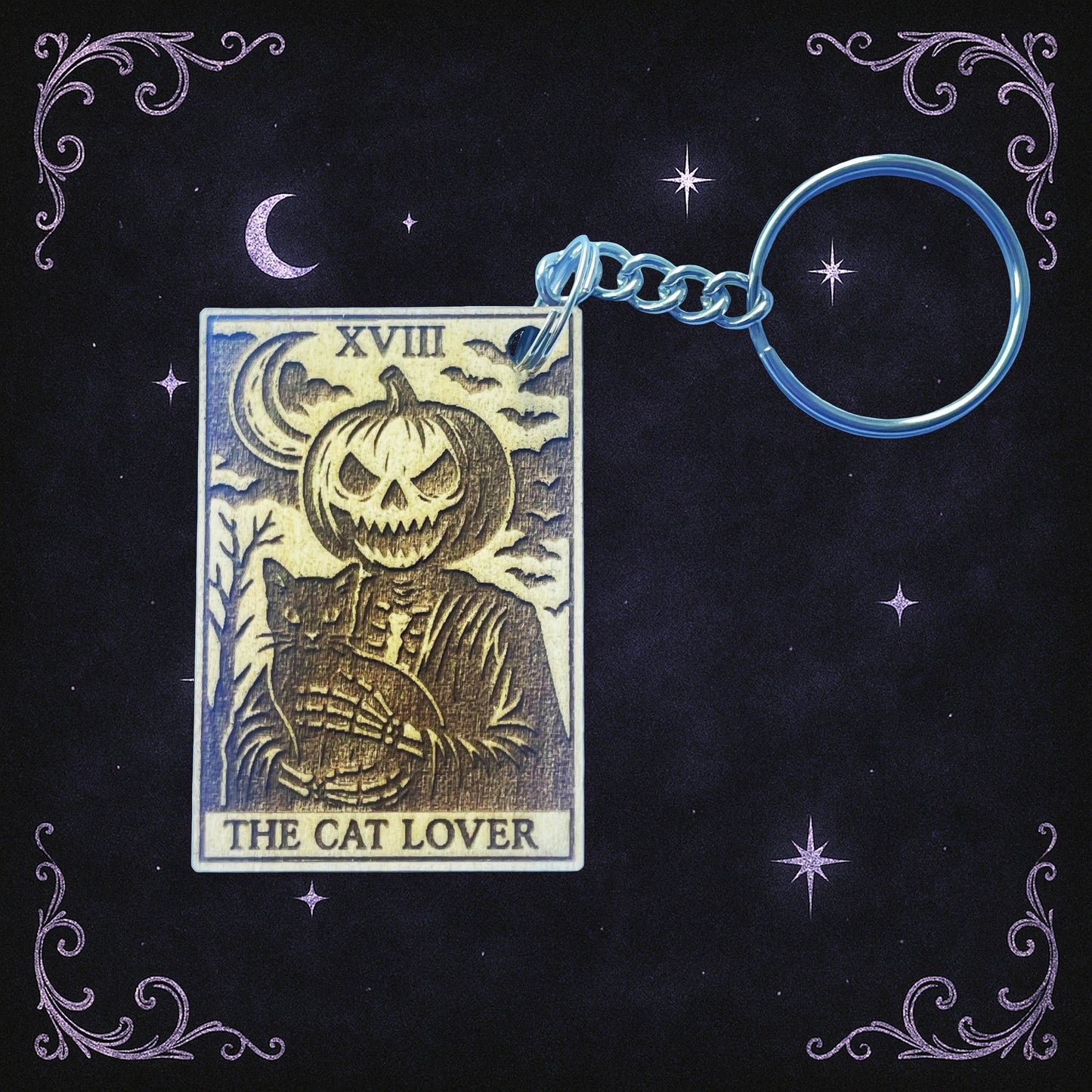 Handmade Pumpkin Head The Cat Lover Tarot Wooden Keyring