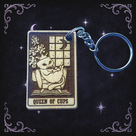 Handmade Queen Of Cups Cat Tarot Wooden Keyring