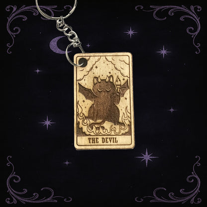 Handmade Wooden Tarot Keychain – The Devil with Cat Boho Mystic Gift