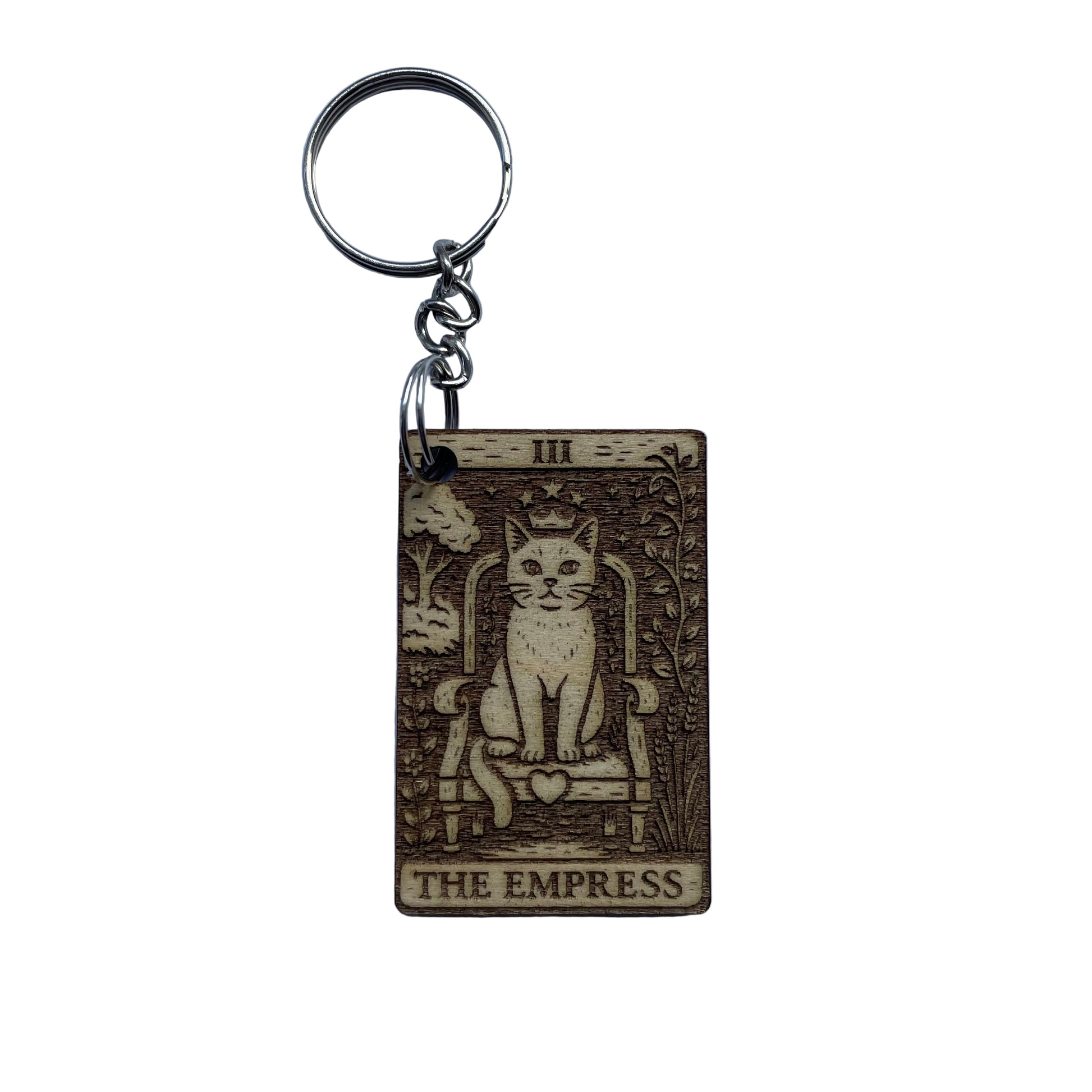 Keychain with 'The Empress' tarot card design featuring a cat on a blue background